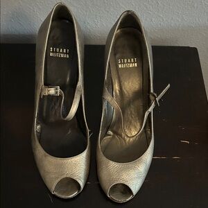 Stuart Weitzman Metallic Silver Peep-Toe Heels